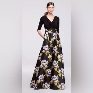 Adrianna Papell Long Dress with Bold Floral Skirt and 3/4 Sleeves